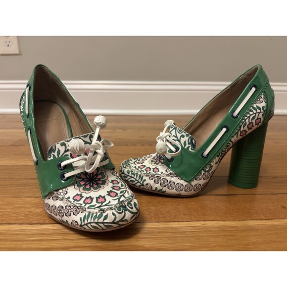 TORY BURCH Garden Party Fisher Loafer Pumps Kelly Green Floral Heels size 8.5 - Picture 1 of 15